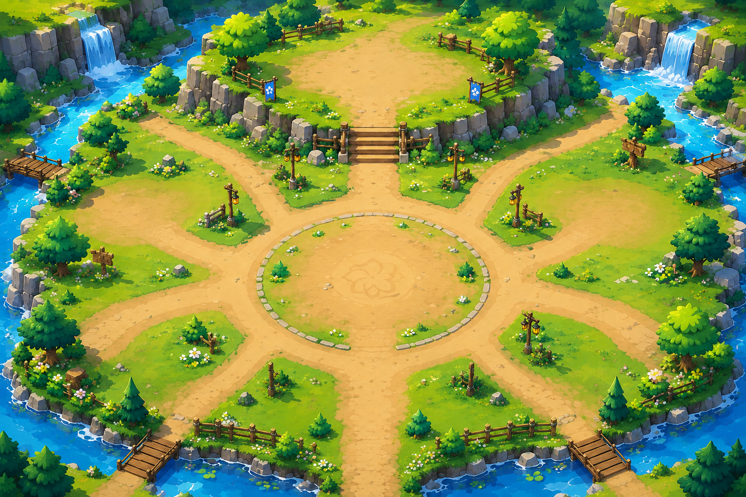 Dawnreach, the hub world — an aerial view of the Guild Hall surrounded by connected districts