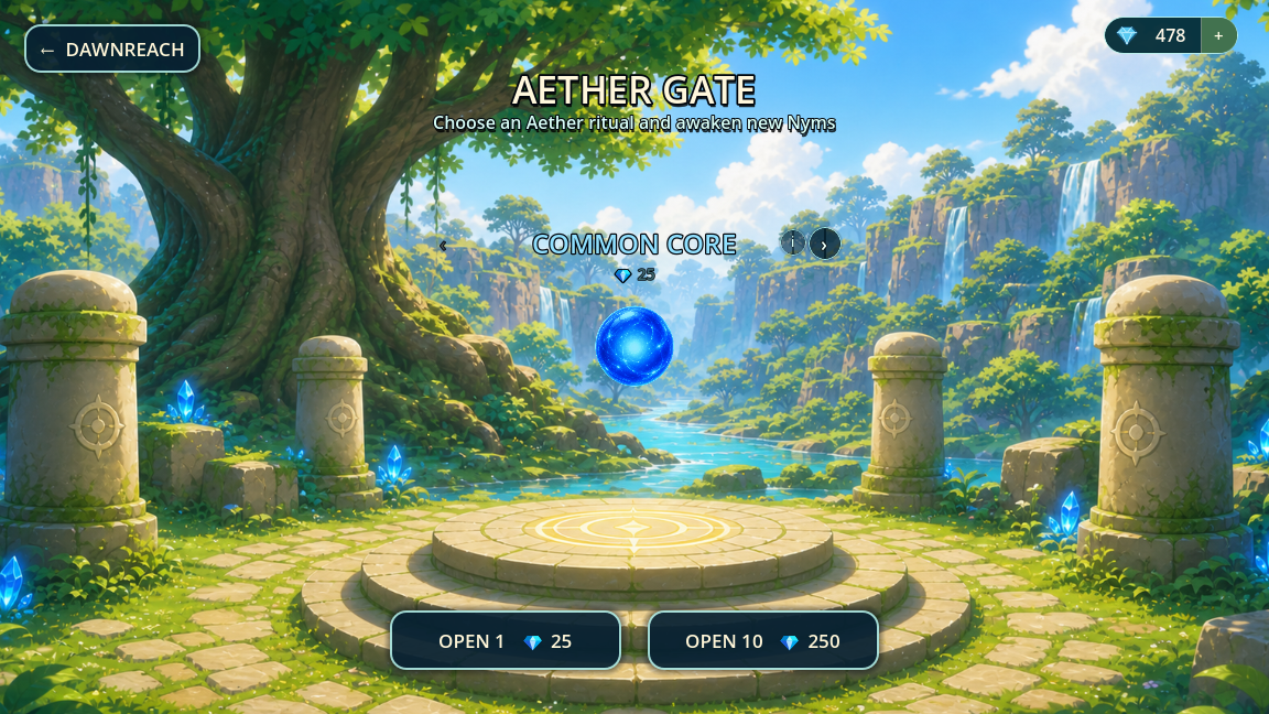 Aether Gate screen showing Aether Fragment count used for summoning Nyms