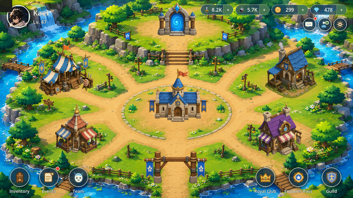 Dawnreach hub with Kael's HUD overlay showing resources and navigation