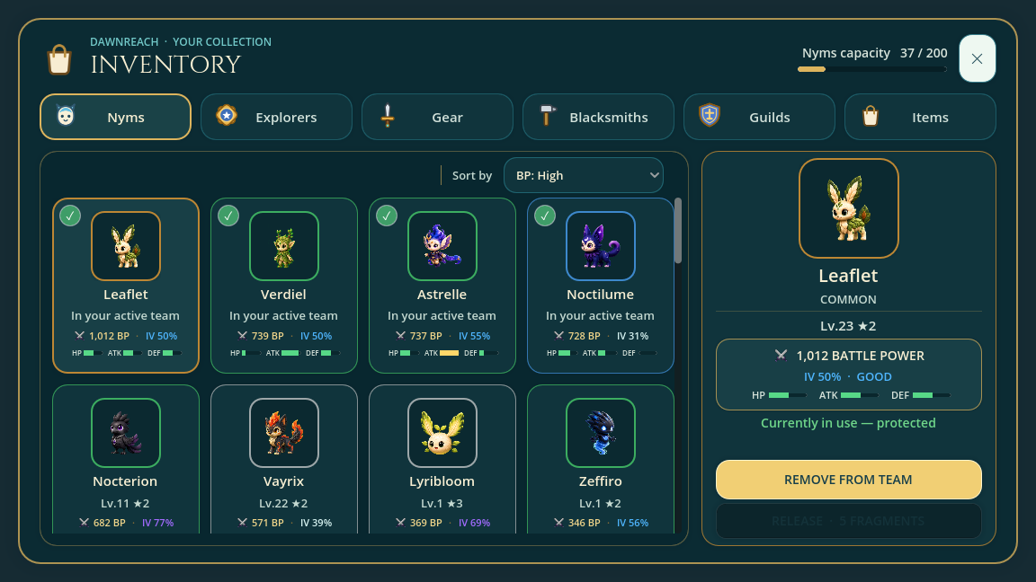 Inventory screen with sortable gear and resources