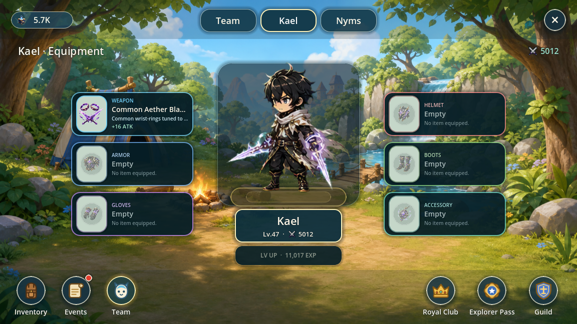 Kael's Equipment screen with weapon, armor and accessory slots