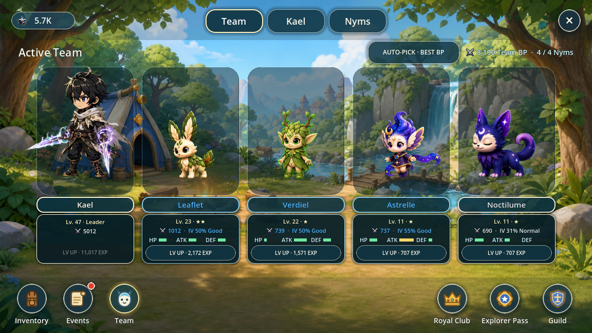 Team Camp screen showing Kael and four bonded Nyms with level, IV and stat details