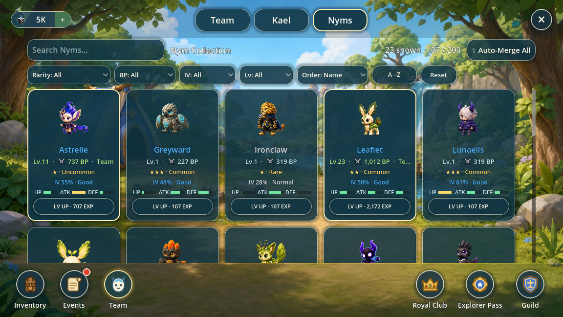 Team experience tracking screen