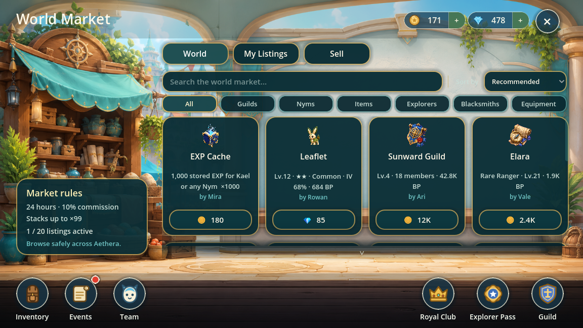 World Market screen with sortable listings